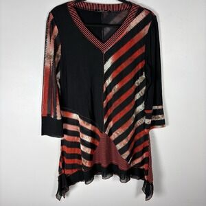 Lior Women's Large Red Black Stripe Sheer V Neck 3/4 Sleeve Pullover Tunic Top